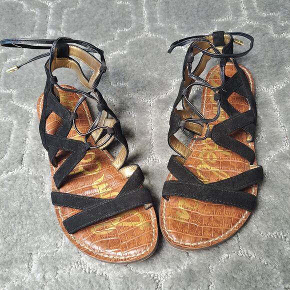 SAM EDELMAN GEMMA BLACK LEATHER GLADIATOR FLATS SANDALS WOMENS SIZE 6.5M - Picture 1 of 9